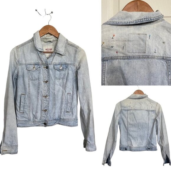 Mossimo Women Light Wash Distressed Floral Embroidered Pockets Jean Jacket Small - Picture 1 of 10